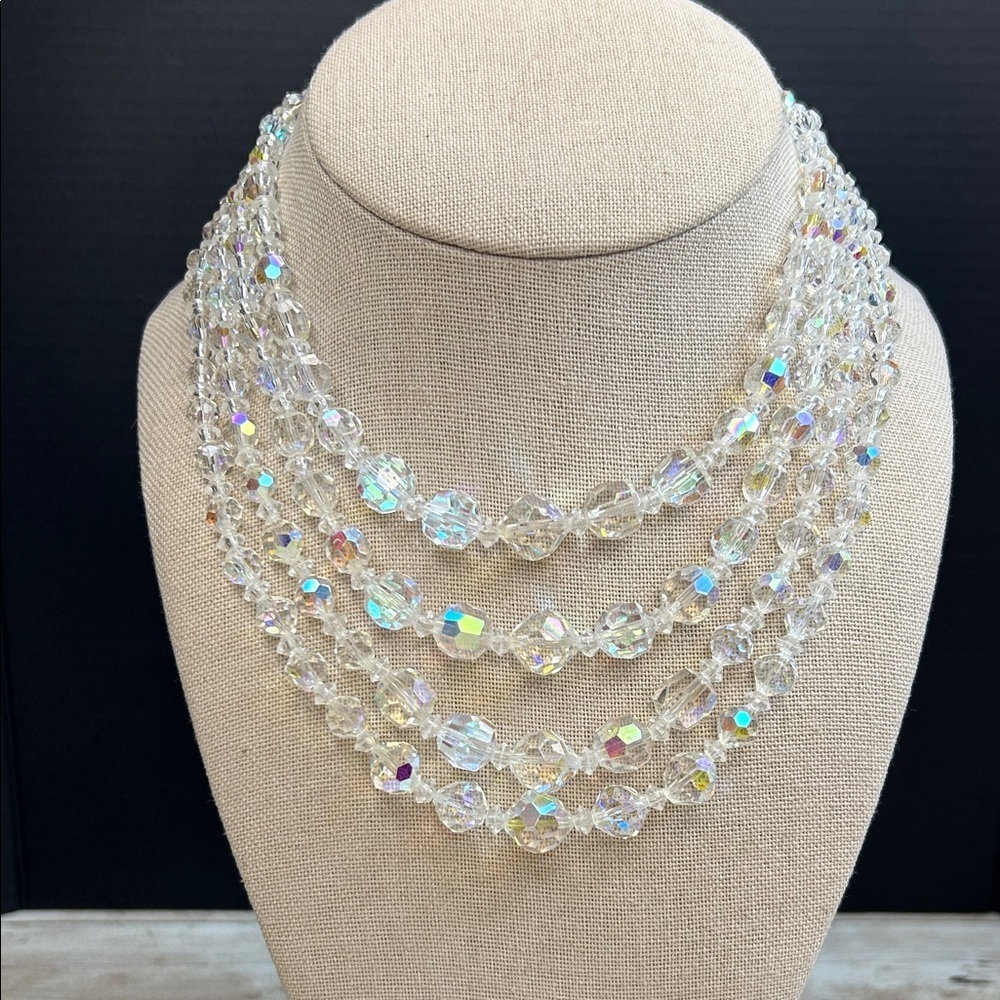 Vintage 4 Strand Crystal Aurora Borealis Crystal Necklace